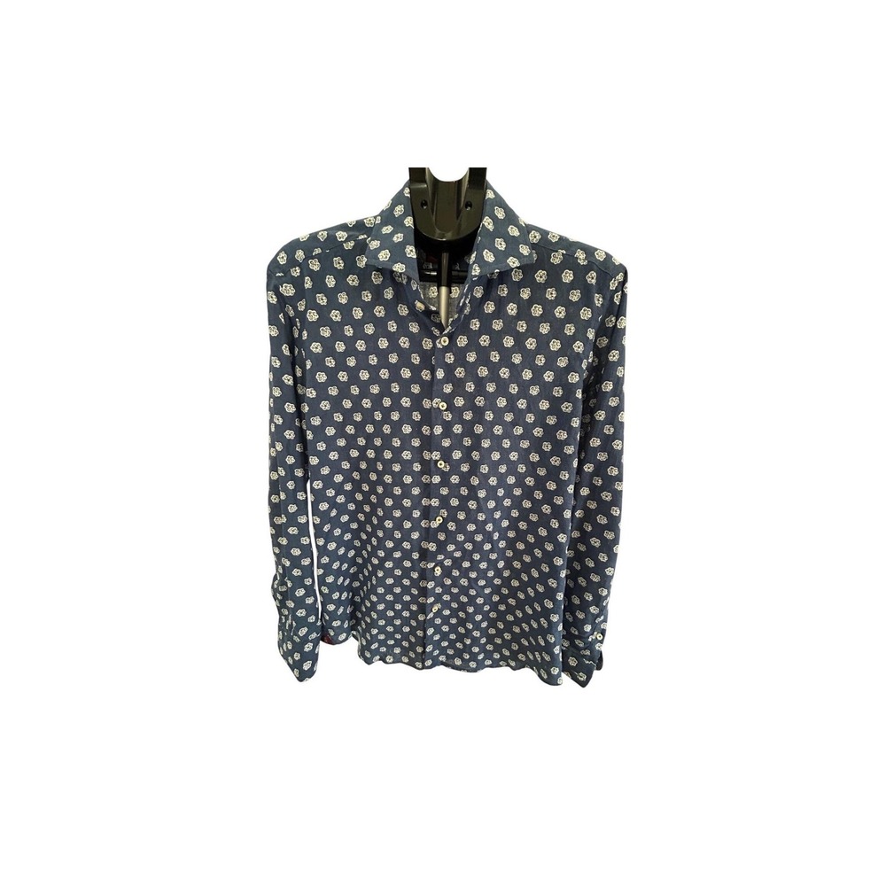 Vintage Provenzale Blue White Print Cotton Linen Dress Shirt Men Size 16.5 42